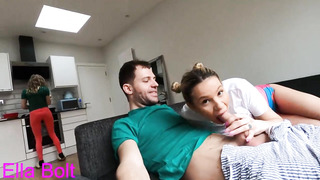 Risky Oral on Bed while their Mate Cooks. Enormous Spunk at the end on Ella Bolt Face
