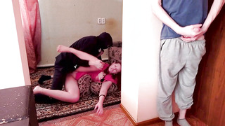 Wild boy begins tugging his chisel while rober drilled her red-haired gf in the orher bedroom