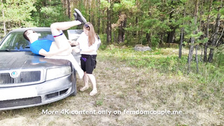 Public The wifey was highly sexually aroused on the road and screwed the belt cock on the spandex hood of the camper