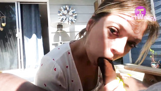 Salami enjoying towheaded is providing a deep bj to a insatiable, black man, in the backyard