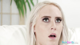 Platinum-Blonde teenage with fur covered beaver in boner-railing activity