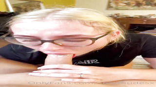 Nerdy blondie honey with monstrous glasses is fellating meatpipe and getting drilled from the back
