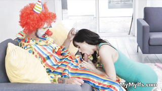 Horny housewife rides clowns hard cock