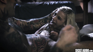 Slutty blonde jumped on a tattooed guy with huge cock