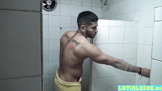 Tatted muscular tourist anal fucked in the locker room