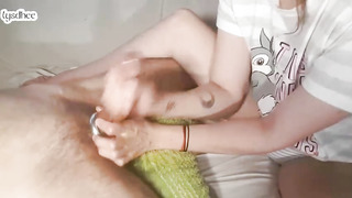 Thrilled guy enjoys the way his neighbor's wifey is petting his rock rigid meat stick