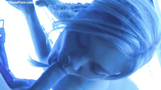 Pretty platinum-blonde is gargling trunk and draining every time she heads to a solarium